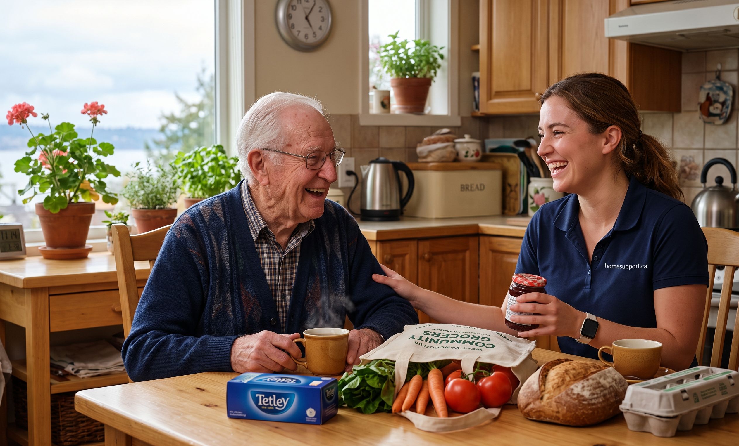 Friendly caregiver laughing with smiling senior man in kitchen over tea